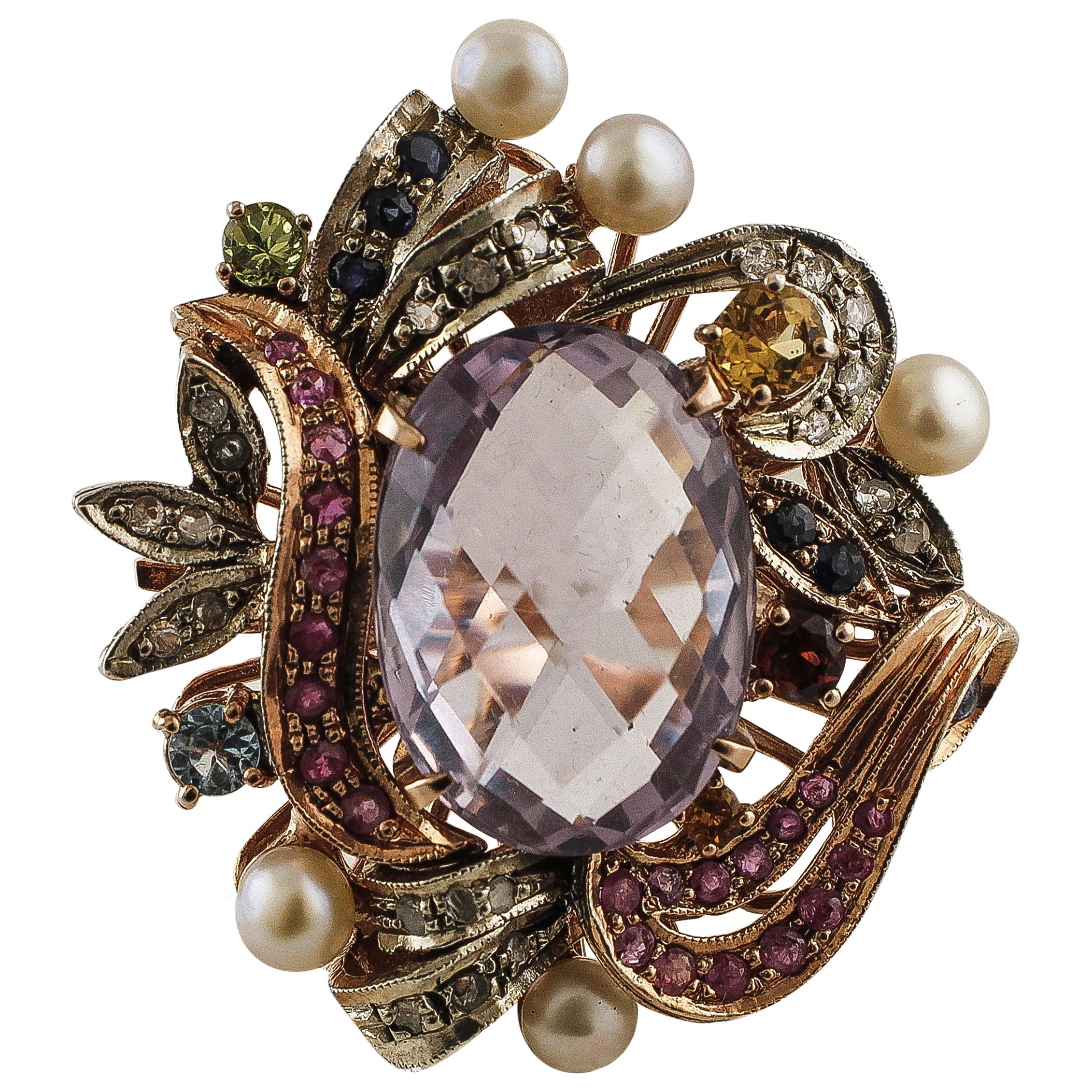 Amethyst, Rubies, Sapphires, Pearls, 9 Karat Rose Gold and Silver Cocktail Ring For Sale