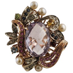 Vintage Amethyst, Rubies, Sapphires, Pearls, 9 Karat Rose Gold and Silver Cocktail Ring