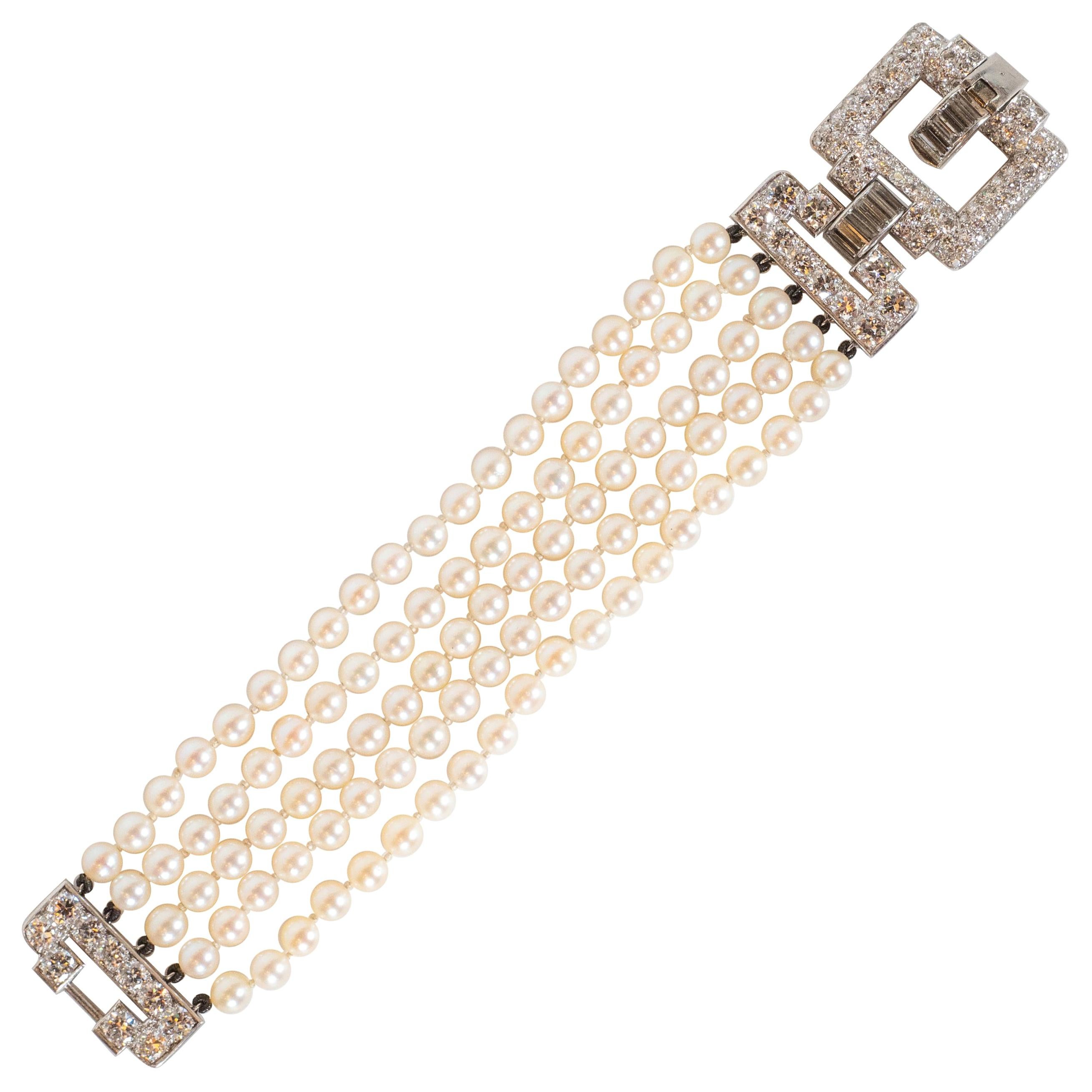 Art Deco Platinum, White Diamond and Cultured Pearl Strand Bracelet