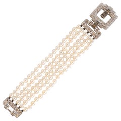 Art Deco Platinum, White Diamond and Cultured Pearl Strand Bracelet