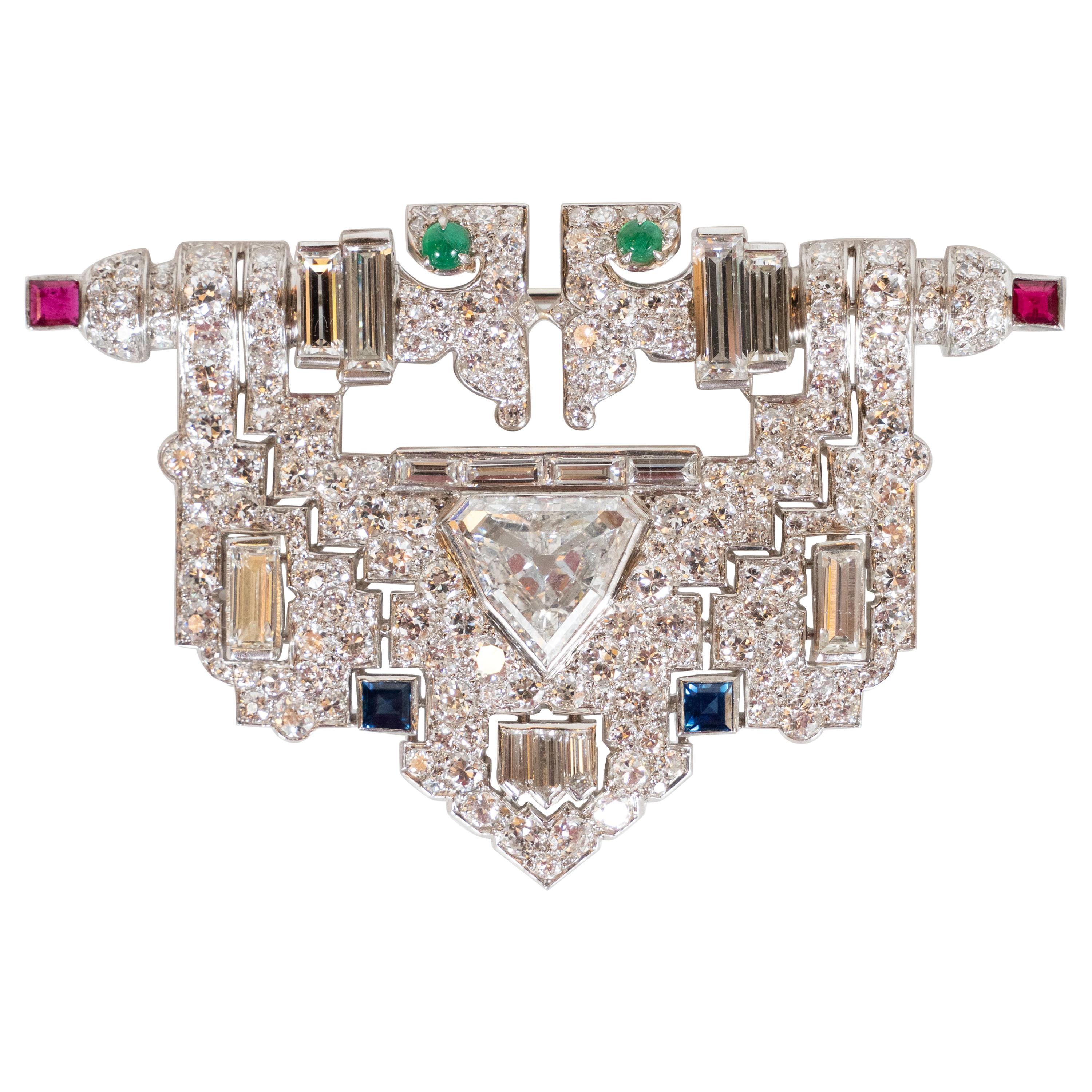 Art Deco White Diamond, Emerald, Ruby, Sapphire and Platinum Clip Brooch