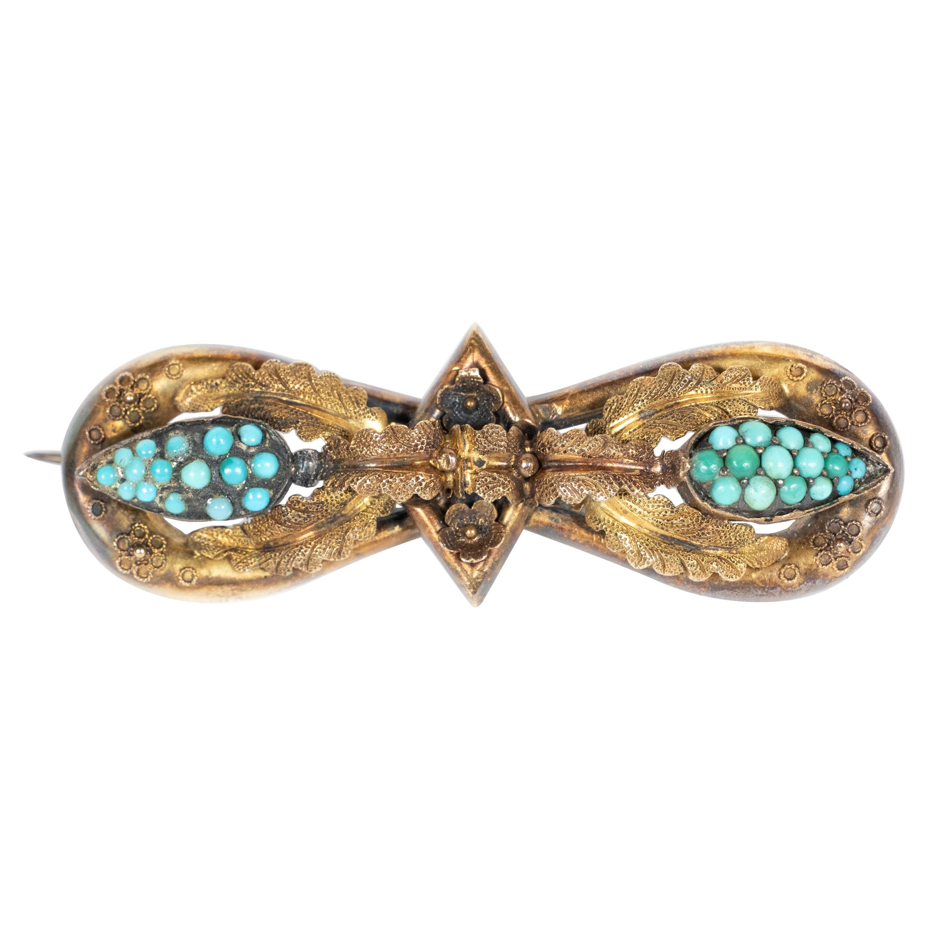 Victorian Hourglass Form 14 Karat Gold Filigreed Brooch with Inlaid Turquoise For Sale