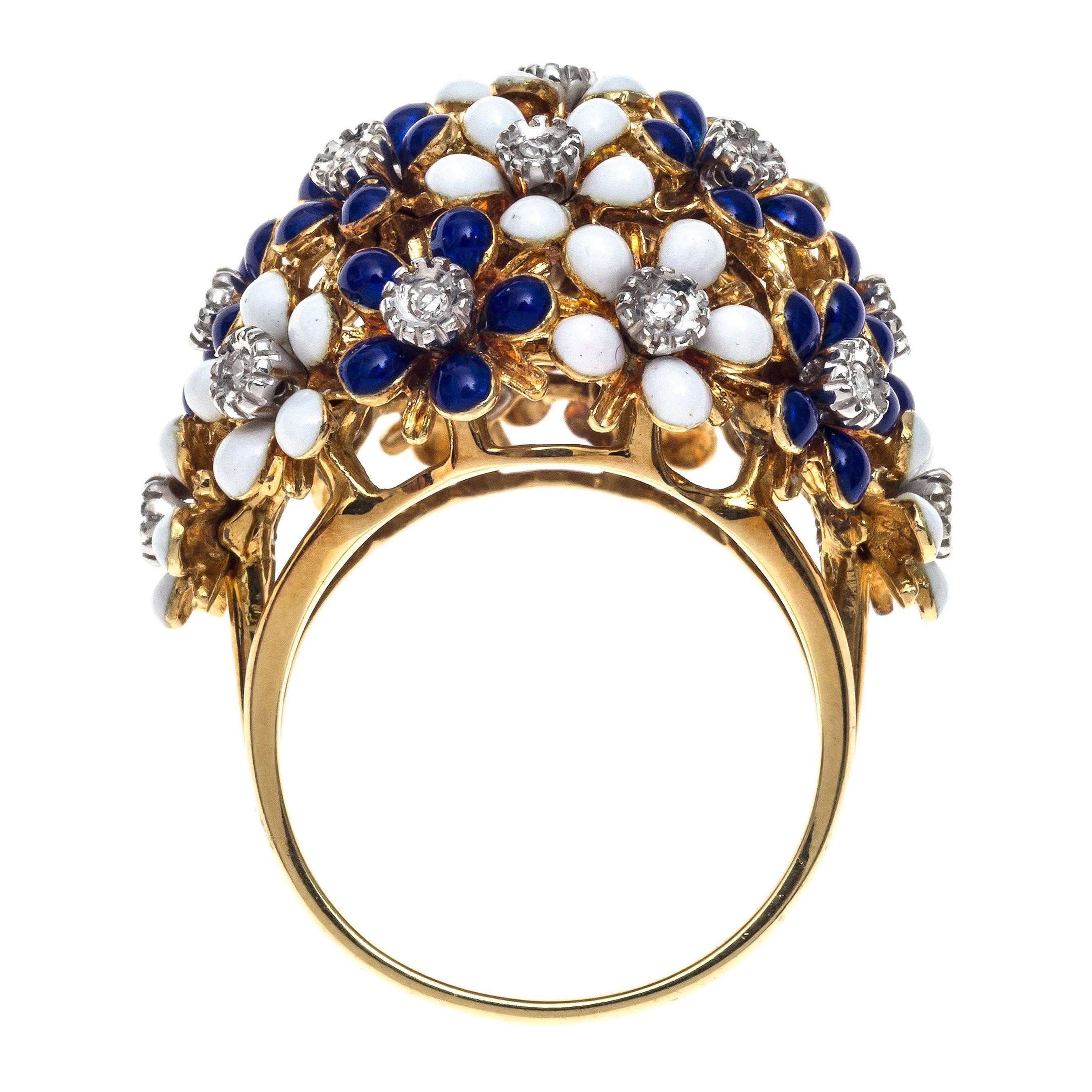 Vintage 18 Kt Gold Dome Shaped Cocktail Ring Blue White Enamel Flowers Diamond For Sale