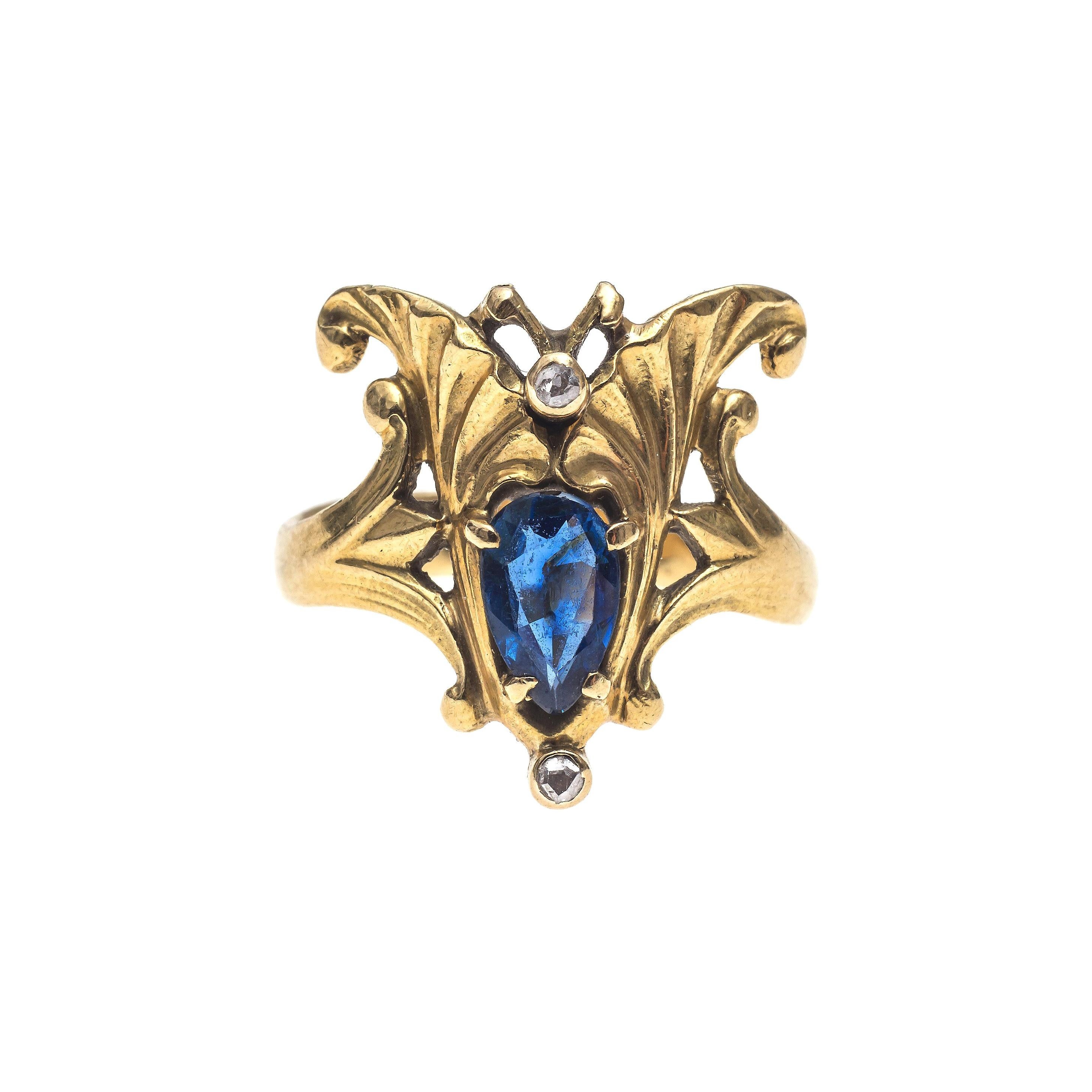 Art Nouveau Ginkgo Leaf Lotus Flower Sapphire Diamond Ring