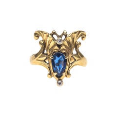 Art Nouveau Ginkgo Leaf Lotus Flower Sapphire Diamond Ring