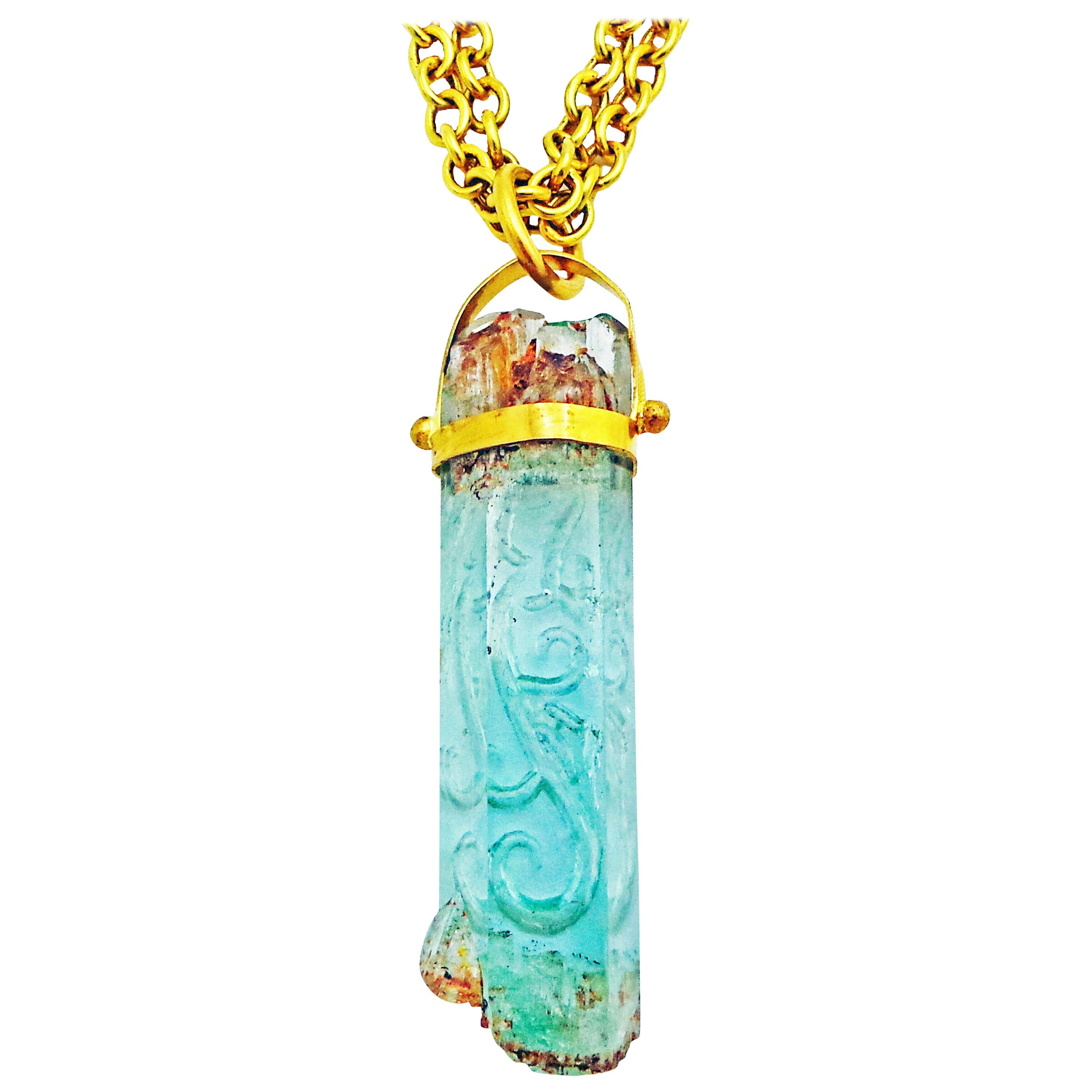Rough Aquamarine Carved Crystal Pendant on 22k Gold Chain Necklace For Sale