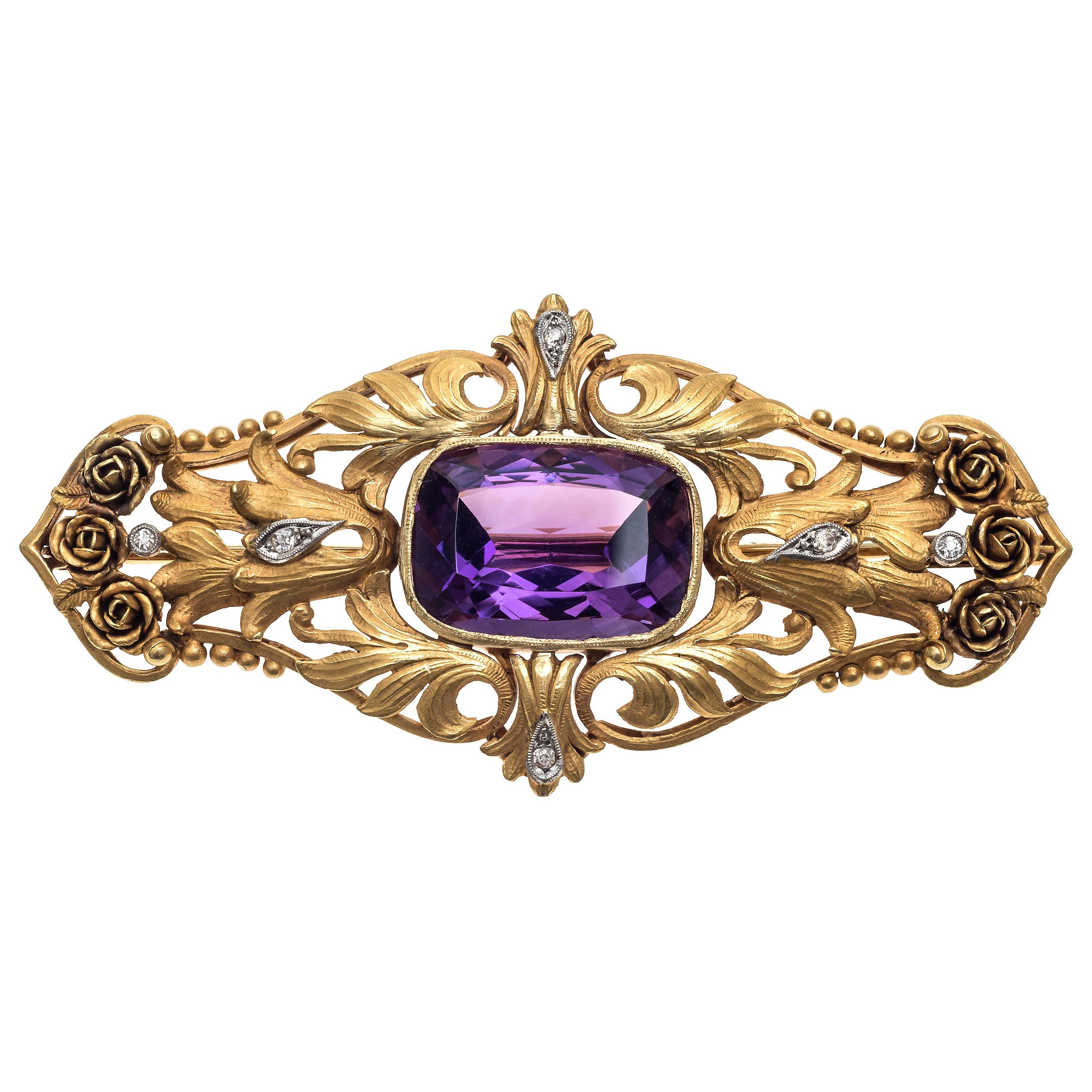 Art Nouveau Amethyst Diamond Platinum Gold Roses Brooch For Sale