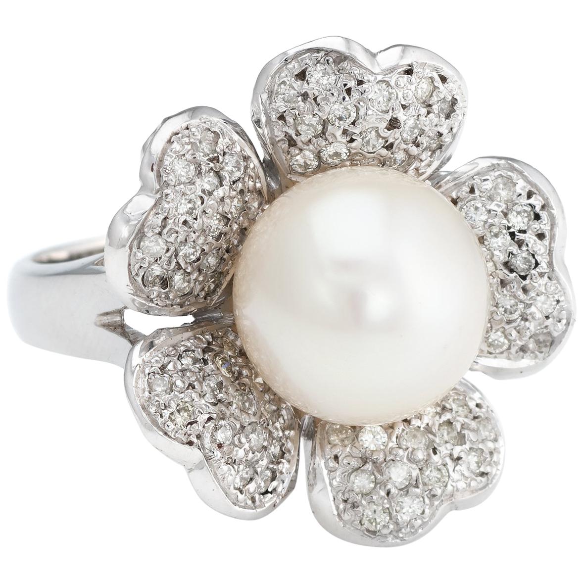 Vintage Cultured South Sea Pearl Diamond Ring 14 Karat White Gold Flower Jewelry