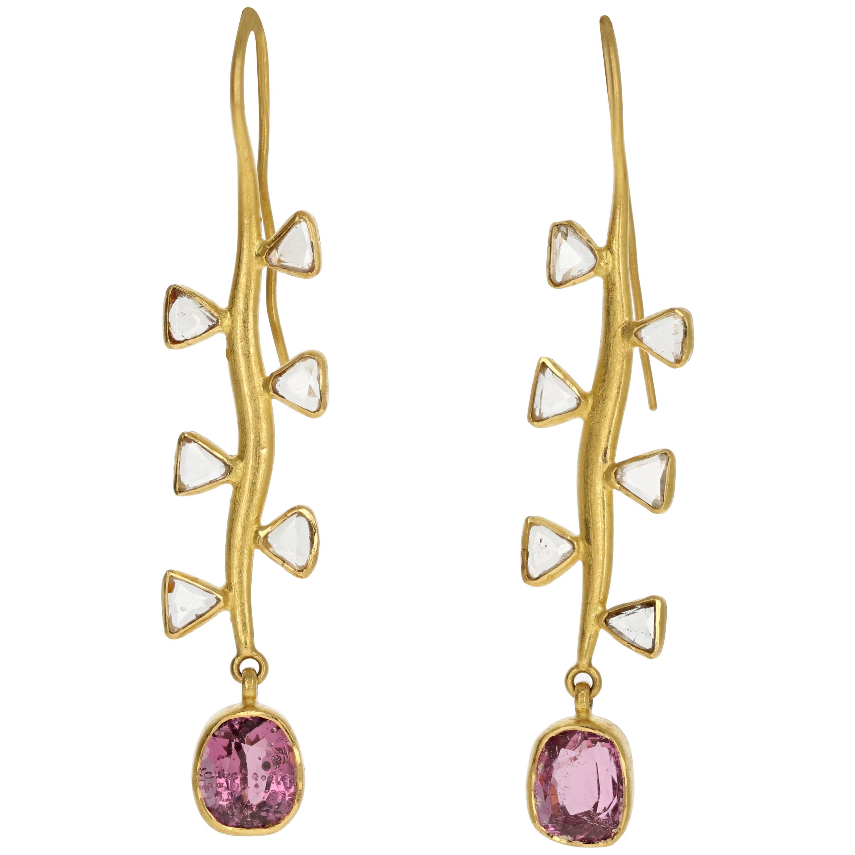 22 Karat Yellow Gold Pink Spinel and Trillion Rose Cut Diamond Earrings