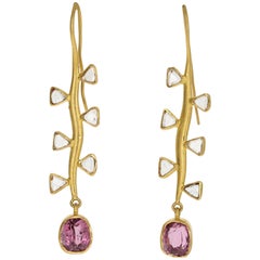 22 Karat Yellow Gold Pink Spinel and Trillion Rose Cut Diamond Earrings
