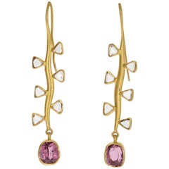 22 Karat Yellow Gold Pink Spinel and Trillion Rose Cut Diamond Earrings