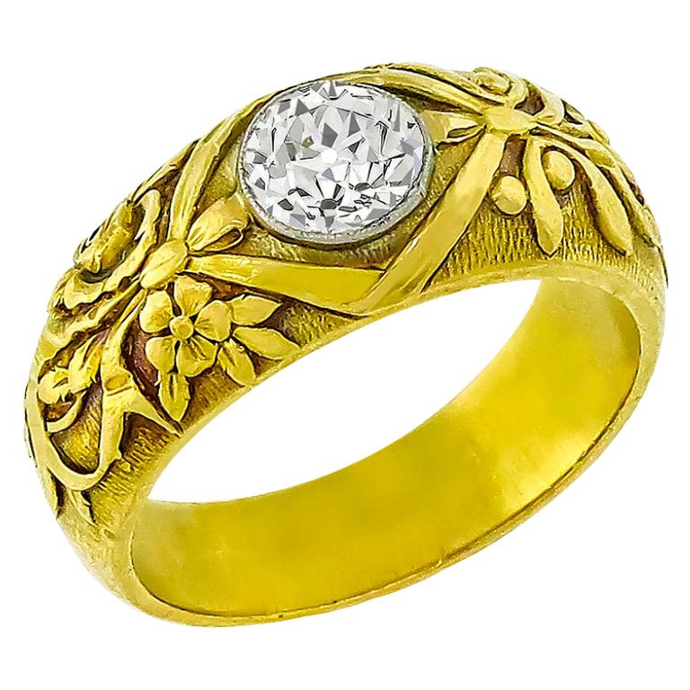 GIA Certified 1 Carat Old European Diamond Yellow Gold Ring For Sale