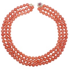 Genuine Salmon Coral Triple Strand Bead Necklace 14K Gold Ruby Diamond Clasp
