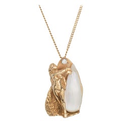 Vintage Nude Figural Necklace 14 Karat Gold Sawtooth Pearl Diamond Jewelry