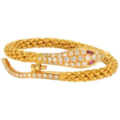 Solid 22 Karat Gold Textured Snake Bangle with Genuine Diamonds and Ruby 62.2g