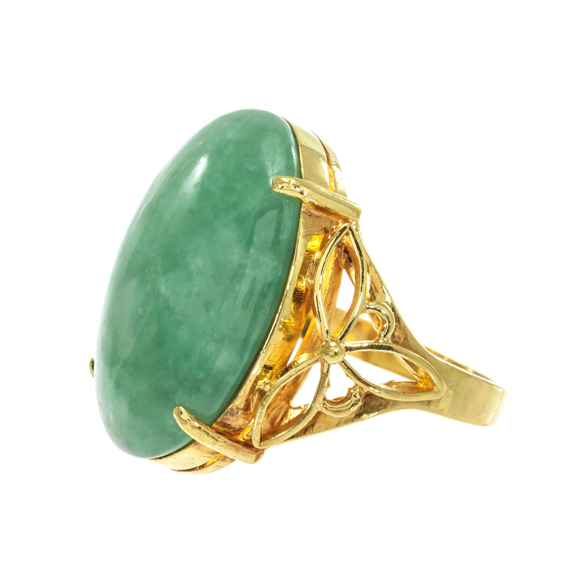 GIA Certified Natural Oval Jadeite Jade Yellow Gold Cocktail Ring For Sale