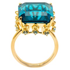 Ammanii Blue Topaz Crown Vermeil Gold Ring with Charms