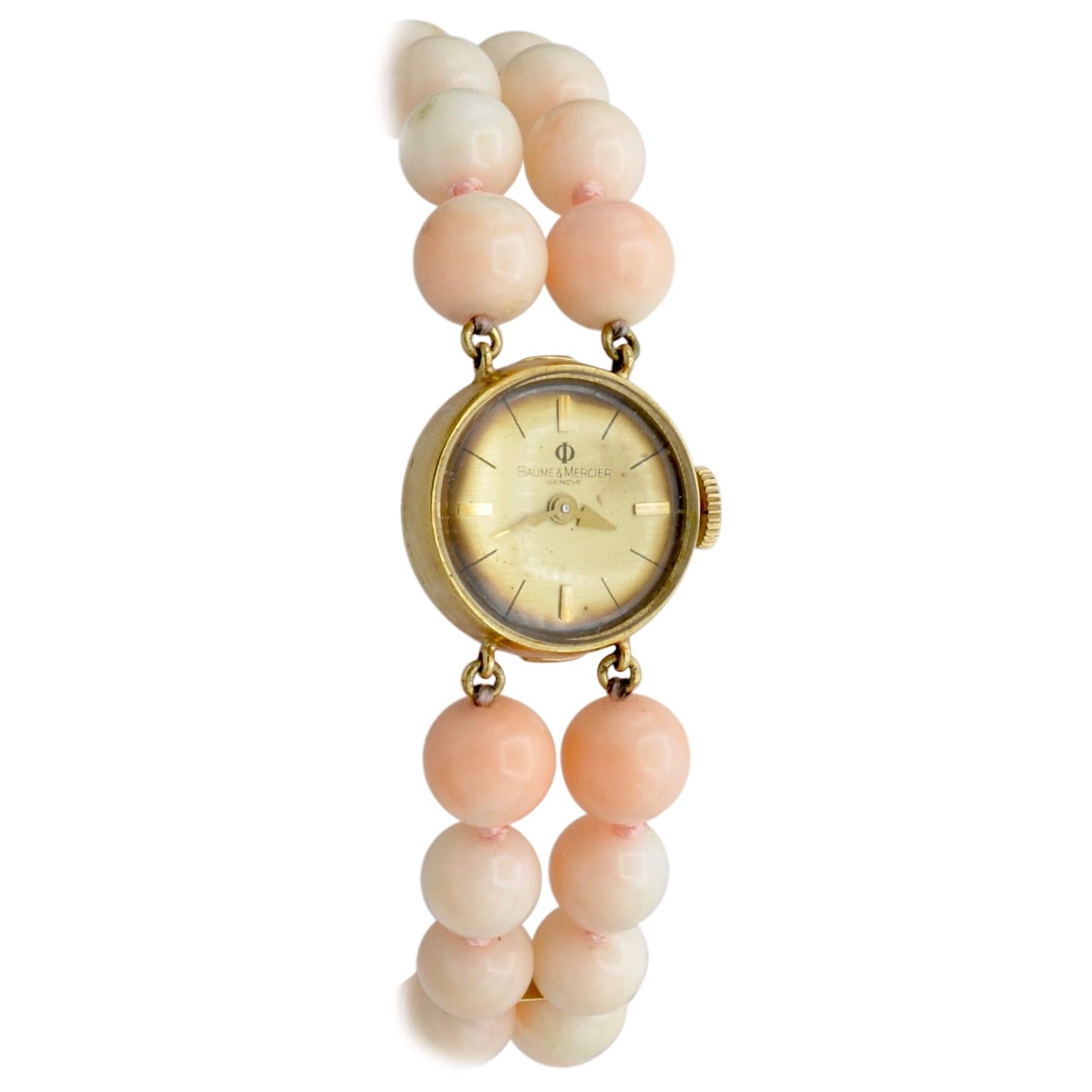 Baume et Mercier Woman Wrist Watch Mechanic Beads Coral 14 Karat Gold For Sale