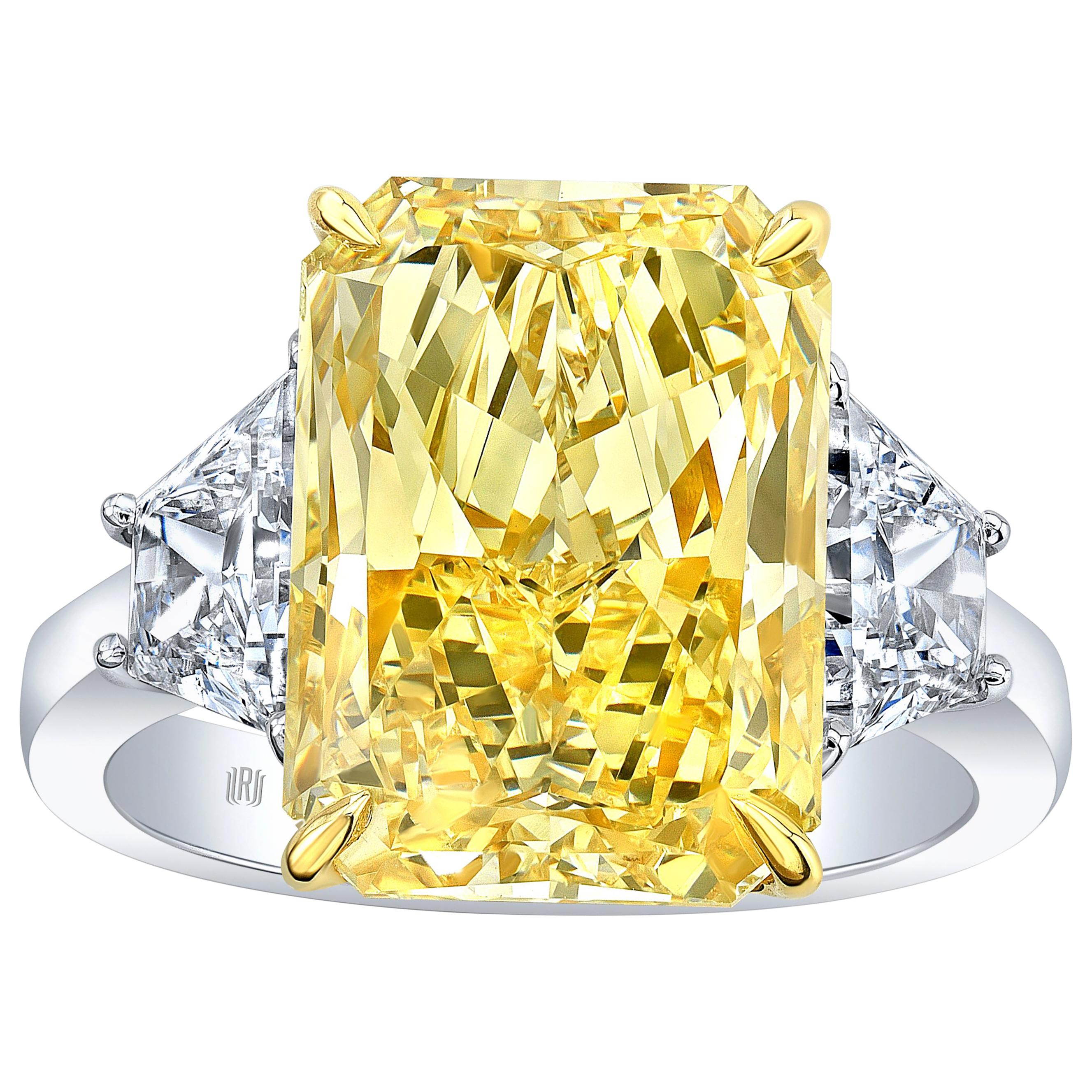 7.95 Carat Radiant Cut GIA Fancy Yellow Diamond Three-Stone Engagement Ring For Sale