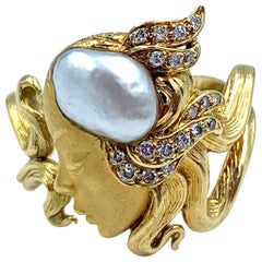 Carrera y Carrera Pearl and Diamond Maiden or Face of Woman Ring