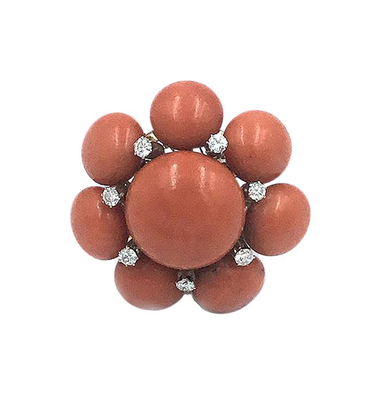 Fabulous, Large and Impressive Coral and Diamond Flower Cluster Ring