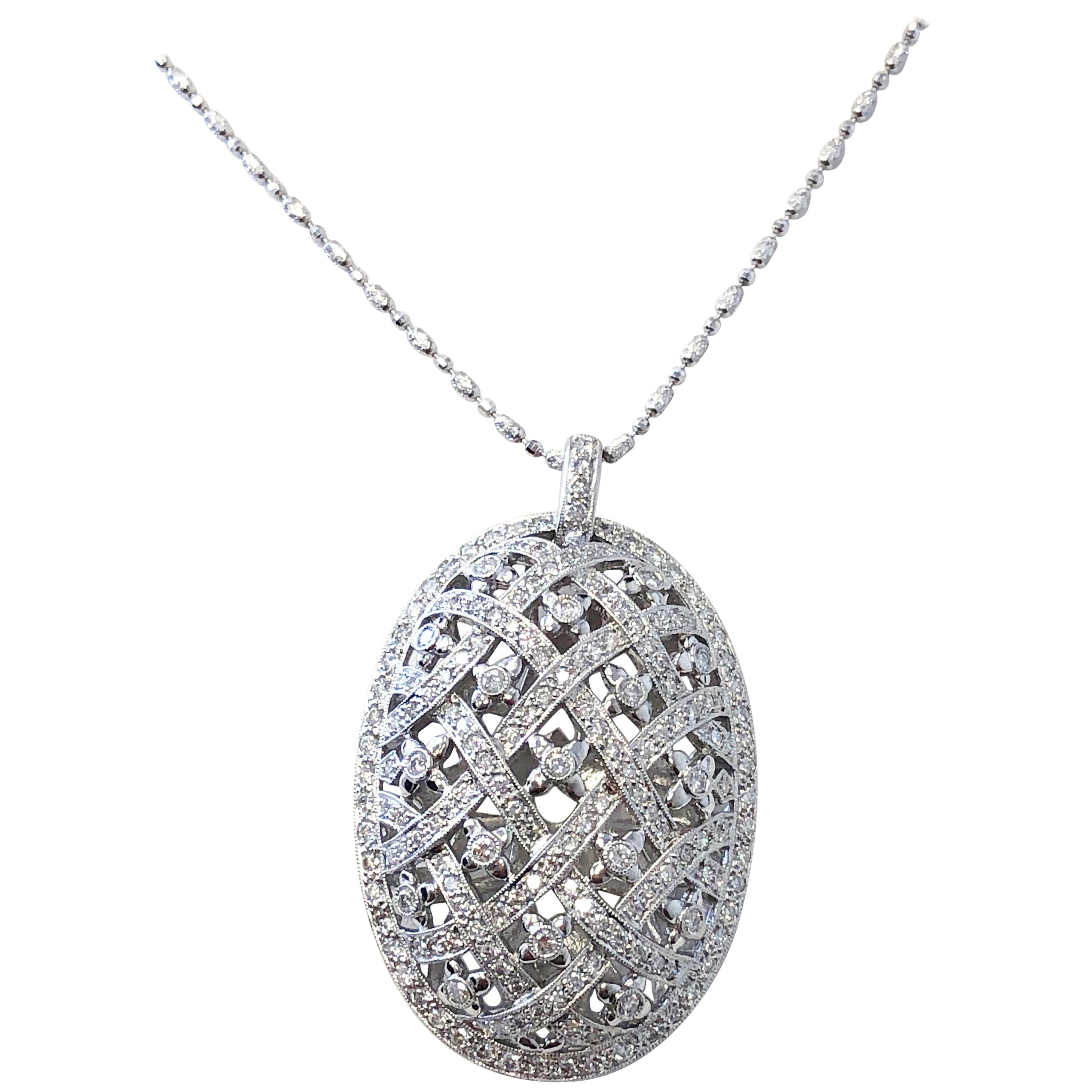 White Diamond Oval Design Pendant Necklace in 18 Karat White Gold