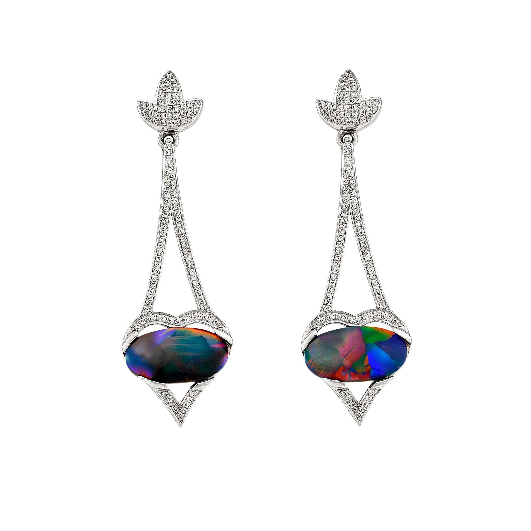 Giulians 18 Karat Art Deco Inspired Australian Black Opal Diamond Drop Earrings For Sale