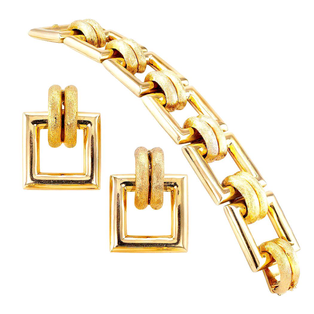 Yellow Gold Link Bracelet Earring Set