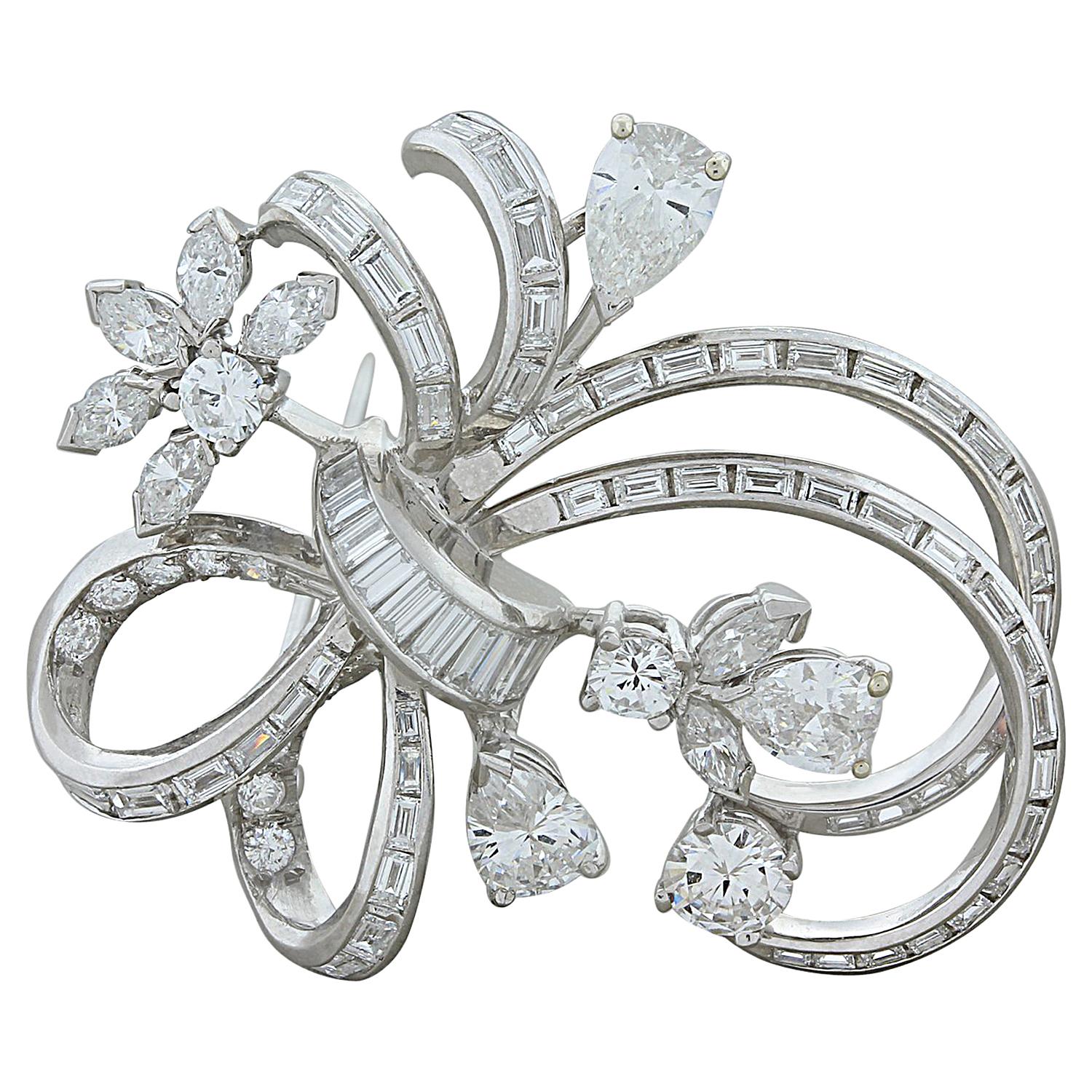 Midcentury Diamond Platinum Pin Brooch For Sale