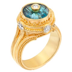 Antique Kent Raible Indicolite Tourmaline, Diamond, 18K Gold Granulation  Cocktail Ring