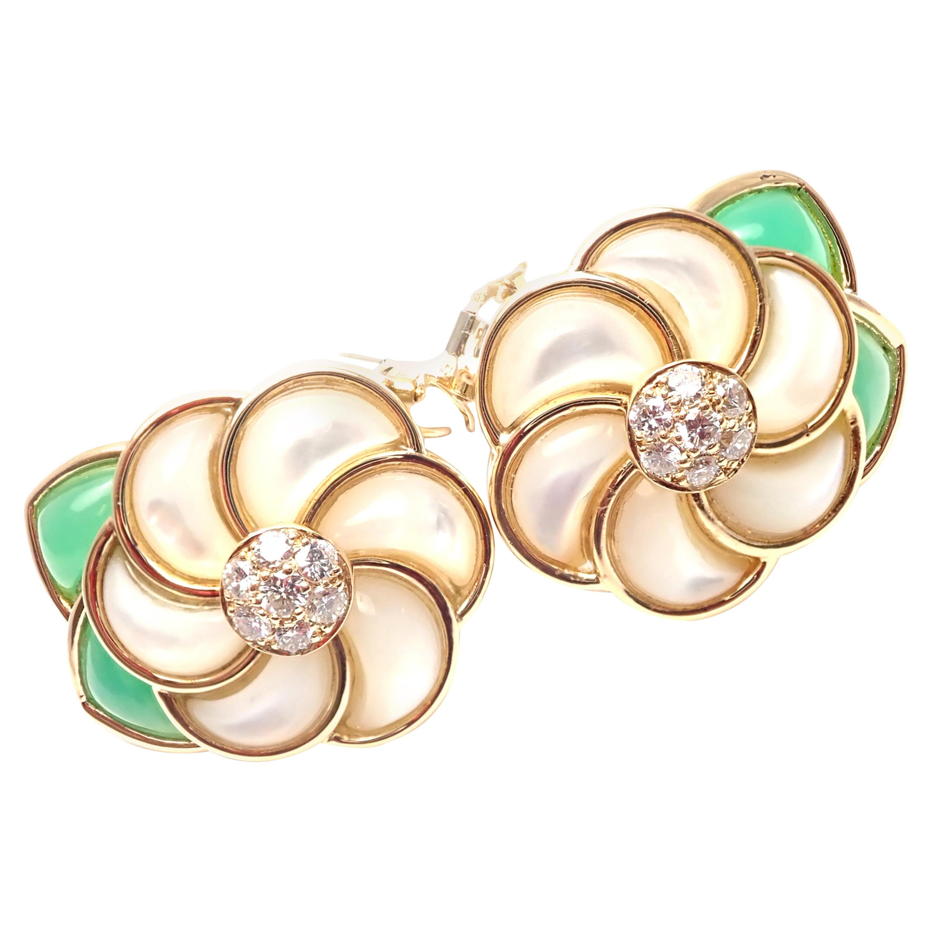 Van Cleef & Arpels Mother of Pearl Chrysoprase Diamond Gold Flower Earrings