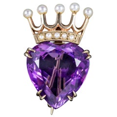 Antique Victorian Luckenbooth Amethyst Heart Brooch Pearl Crown 9 Carat Gold