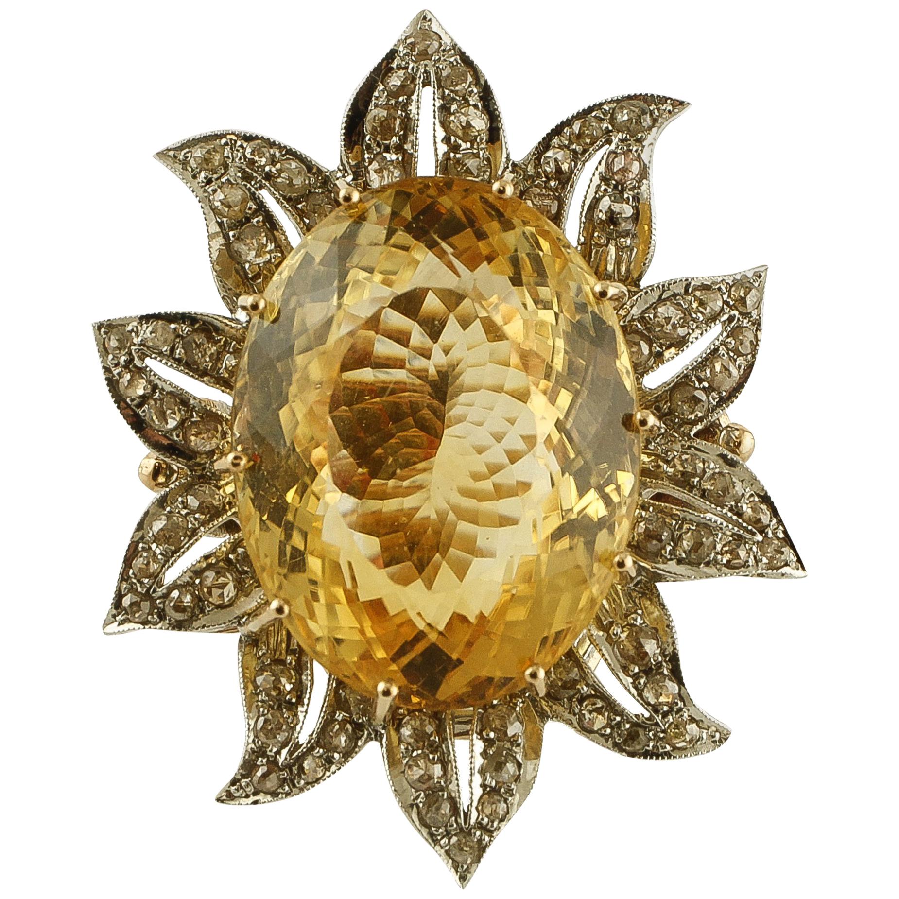 Yellow Topaz, Diamonds, 9 Karat Rose Gold and Silver Flower Ring