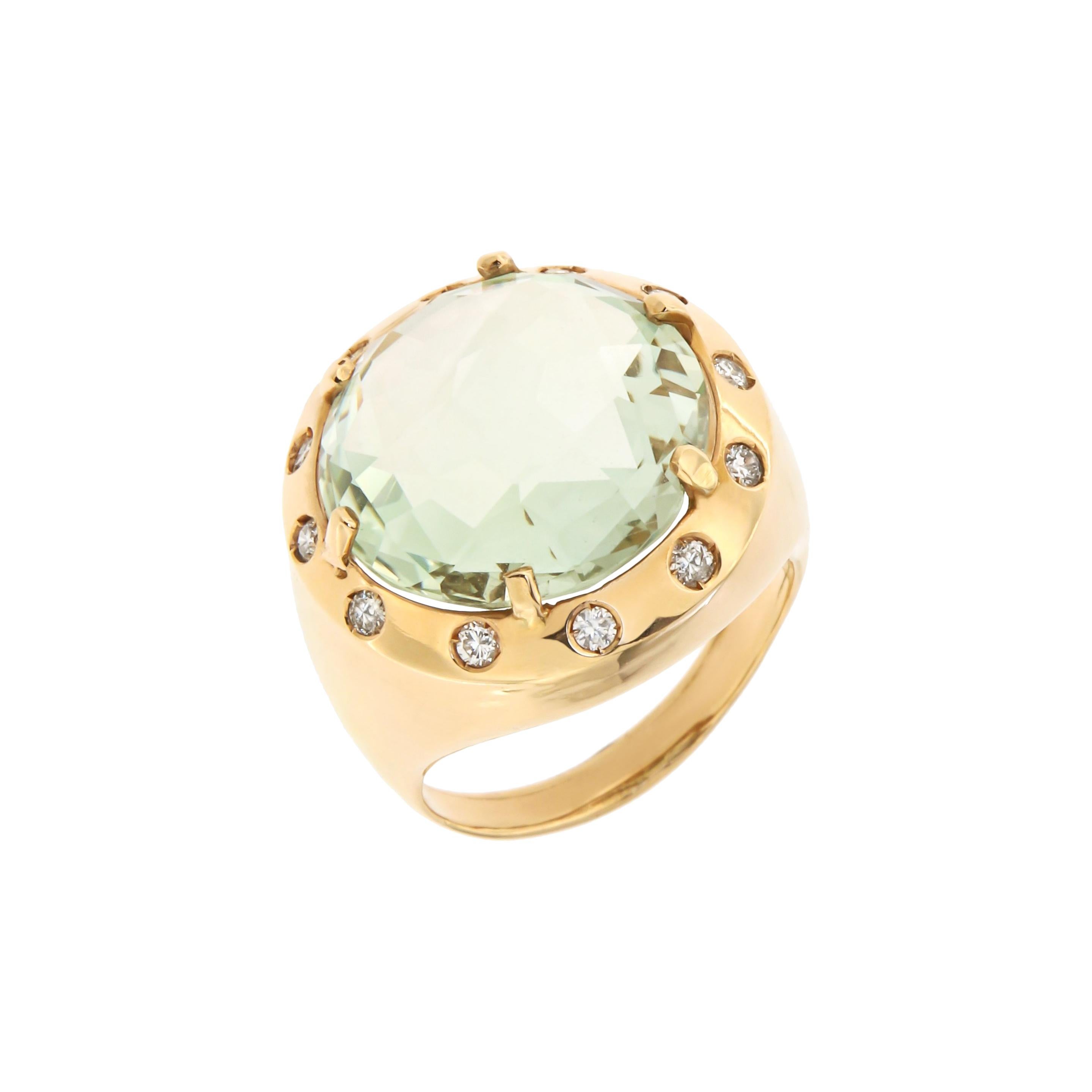 Ring aus Roségold mit Diamanten und grünem Amethyst, handgefertigt in Italien von Botta Gioielli