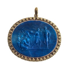 Antique Greek Mythology Cameo 18 K Gold Pendant Necklace Lapis Lazuli