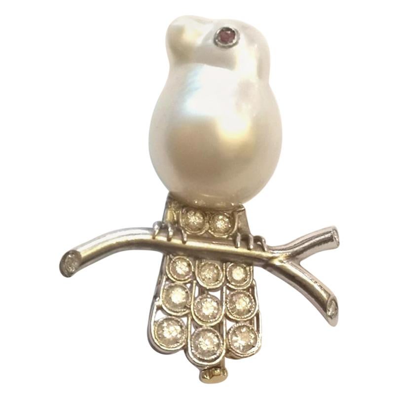 Platinum Little Bird South Sea Pearl Brilliant Cut Diamond Brooch For Sale