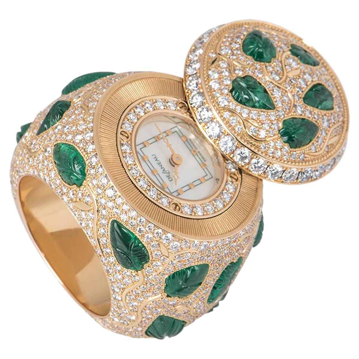 Rare DeLaneau Rose Gold, Diamond and Emerald Ring Watch 7.60 Carat IGR Certified