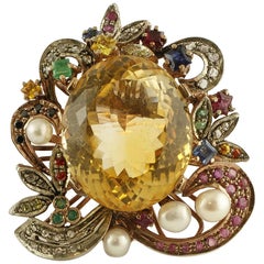 Big Yellow Topaz, Diamonds, Rubies, Emeralds, Sapphires, Pearls Gold&Silver Ring