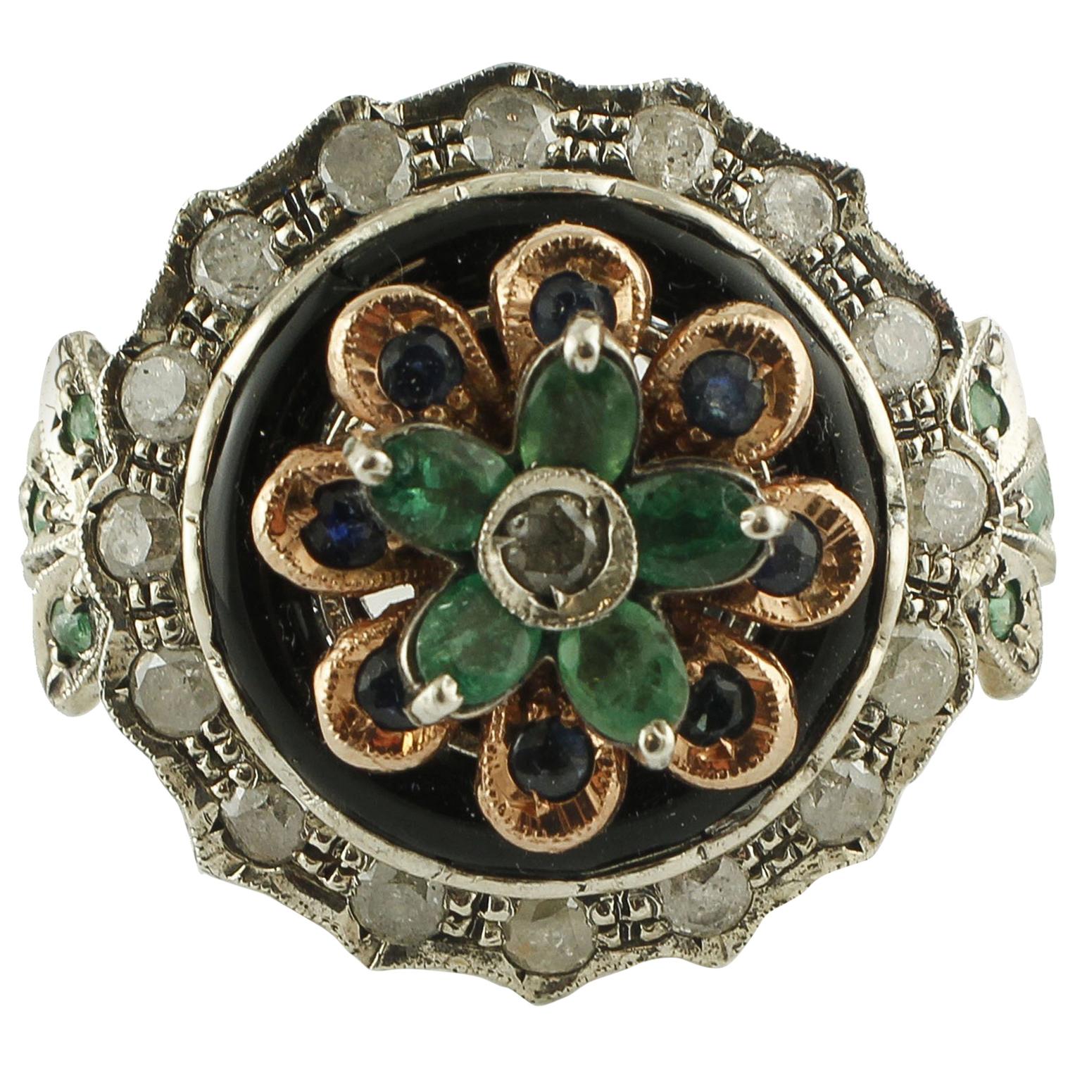 Emeralds, Blue Sapphires, Diamonds, Onyx, Rose Gold and Silver Retrò Ring For Sale