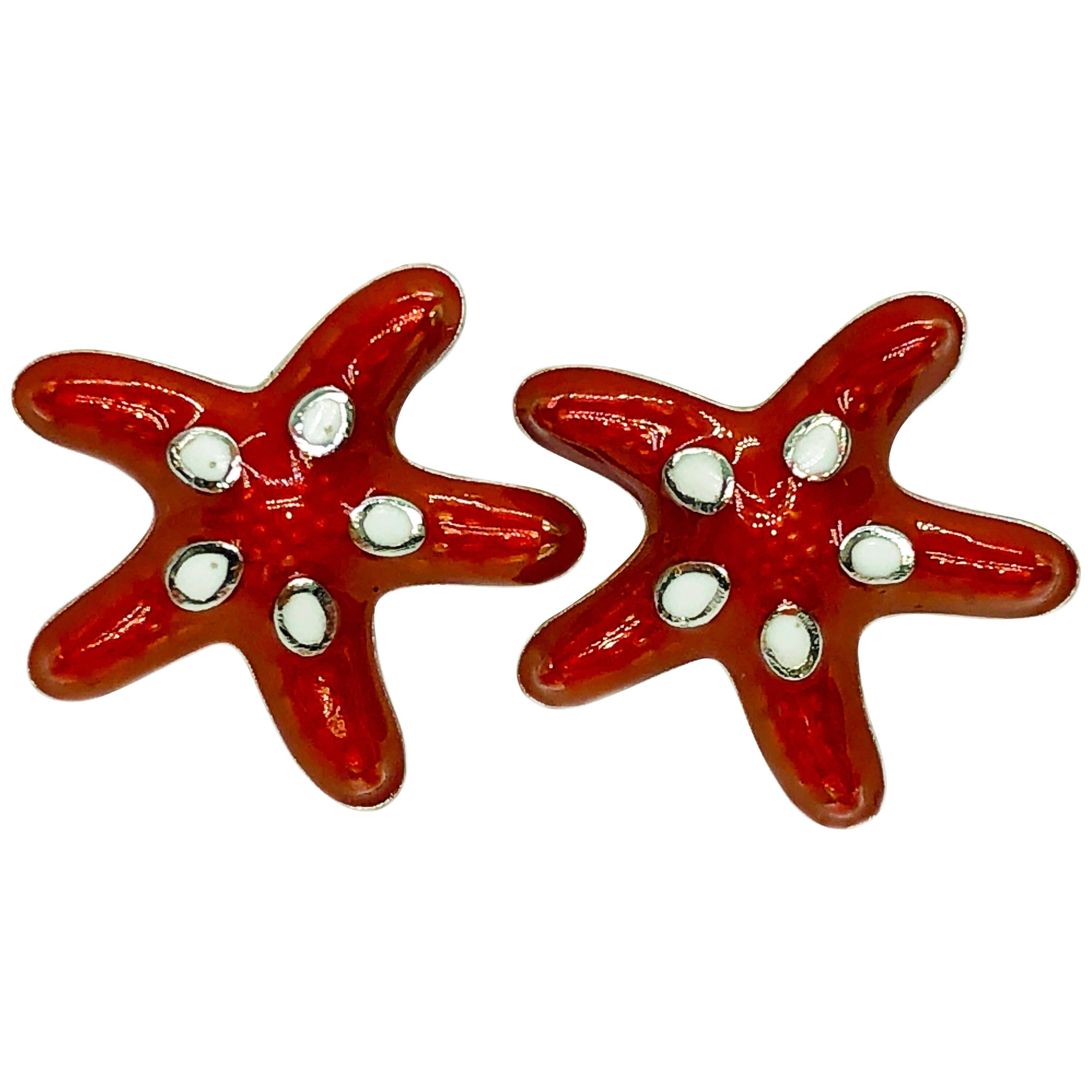 Berca Red White Spotted Hand Enameled Starfish Shaped Sterling Silver Cufflinks For Sale