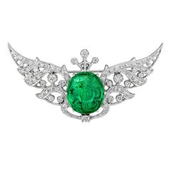Natural 23.45 Carat Carved Emerald Diamond Brooch