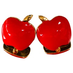 Red Hand Enameled Apple Shaped Sterling Silver Gold-Plated Cufflinks