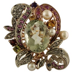 Green Amethyst, Rubies, Tsavorite, Topaz, Rose Gold and Silver Cocktail Ring
