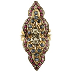 Diamonds, Rubies, Blue Sapphires, 9 Karat Rose Gold and Silver Vintage Ring