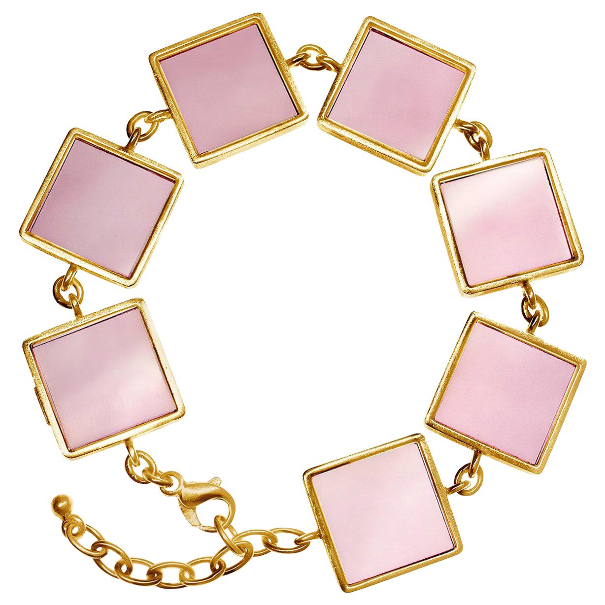 Fourteen Karat Yellow Gold Contemporary Link Bracelet with Rose Onyx For Sale