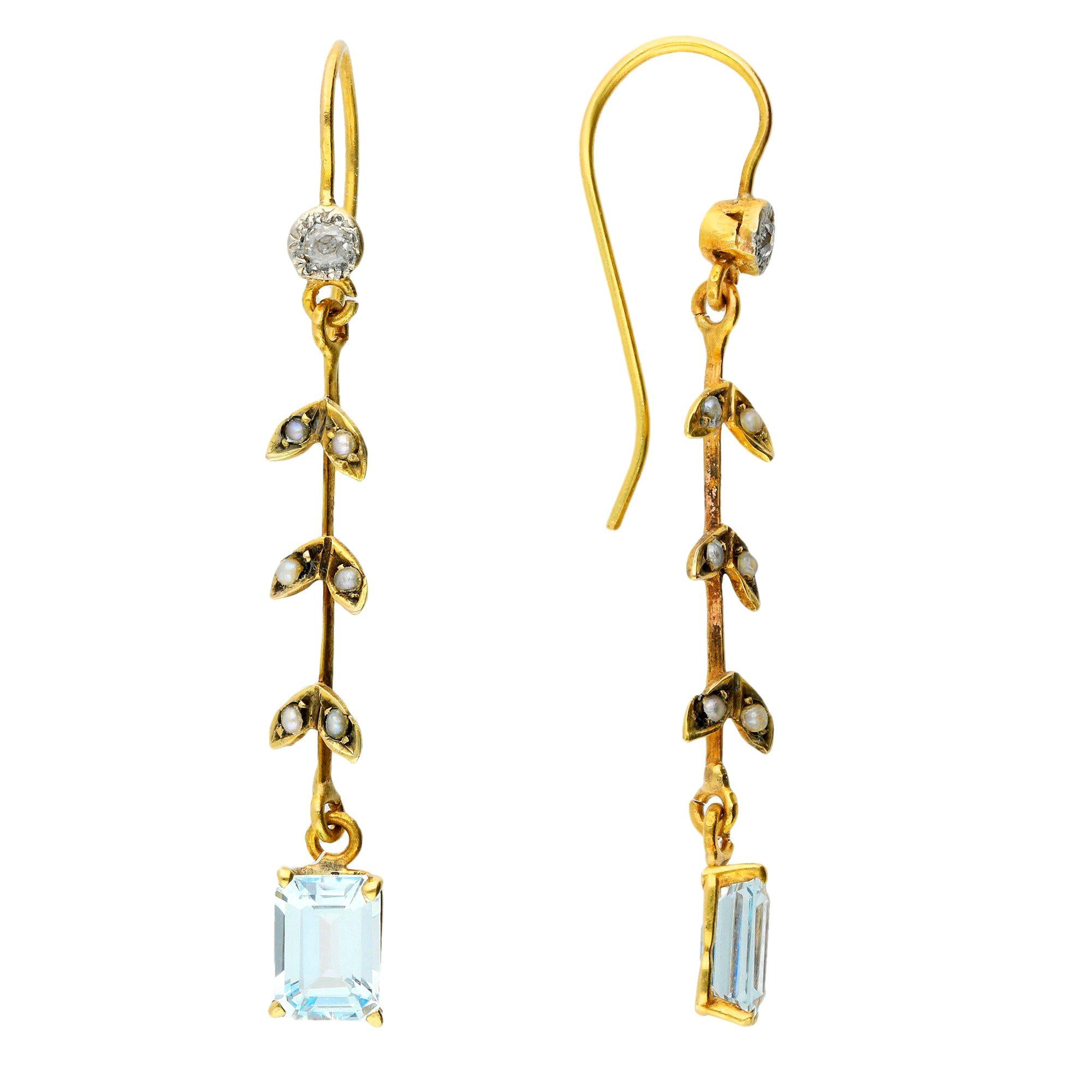 Antique Split Pearl and Aquamarine Drop Earrings For Sale