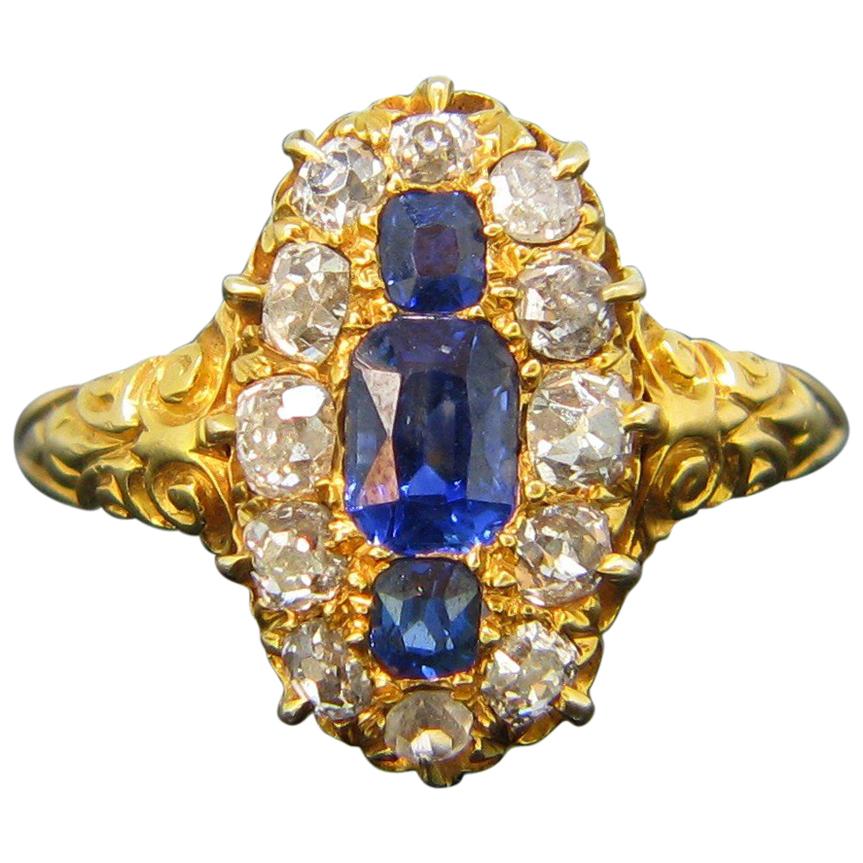 Victorian Burmese Sapphire Old Cut Diamonds Marquise Yellow Gold Ring