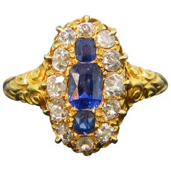 Antique Victorian Burmese Sapphire Old Cut Diamonds Marquise Yellow Gold Ring