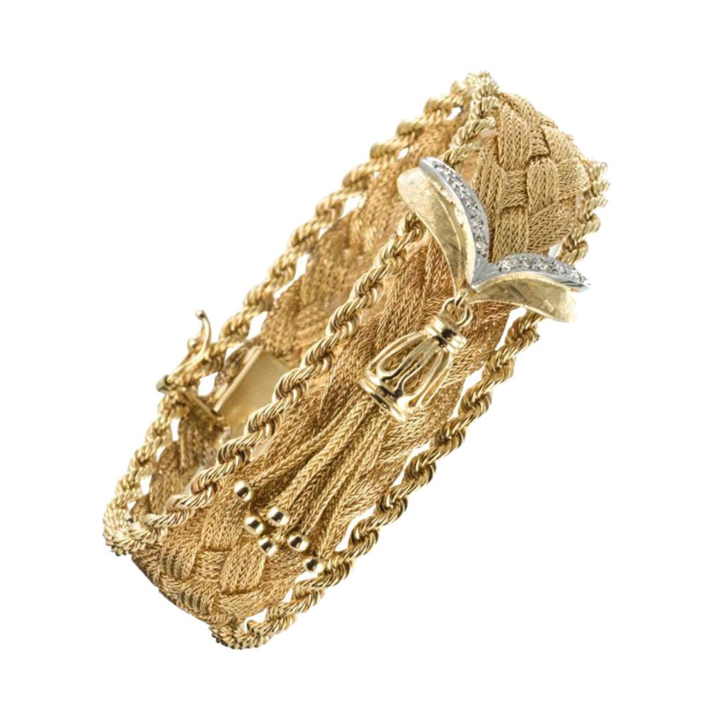 1960s Retro Yellow Gold Braid Diamonds Bracelet