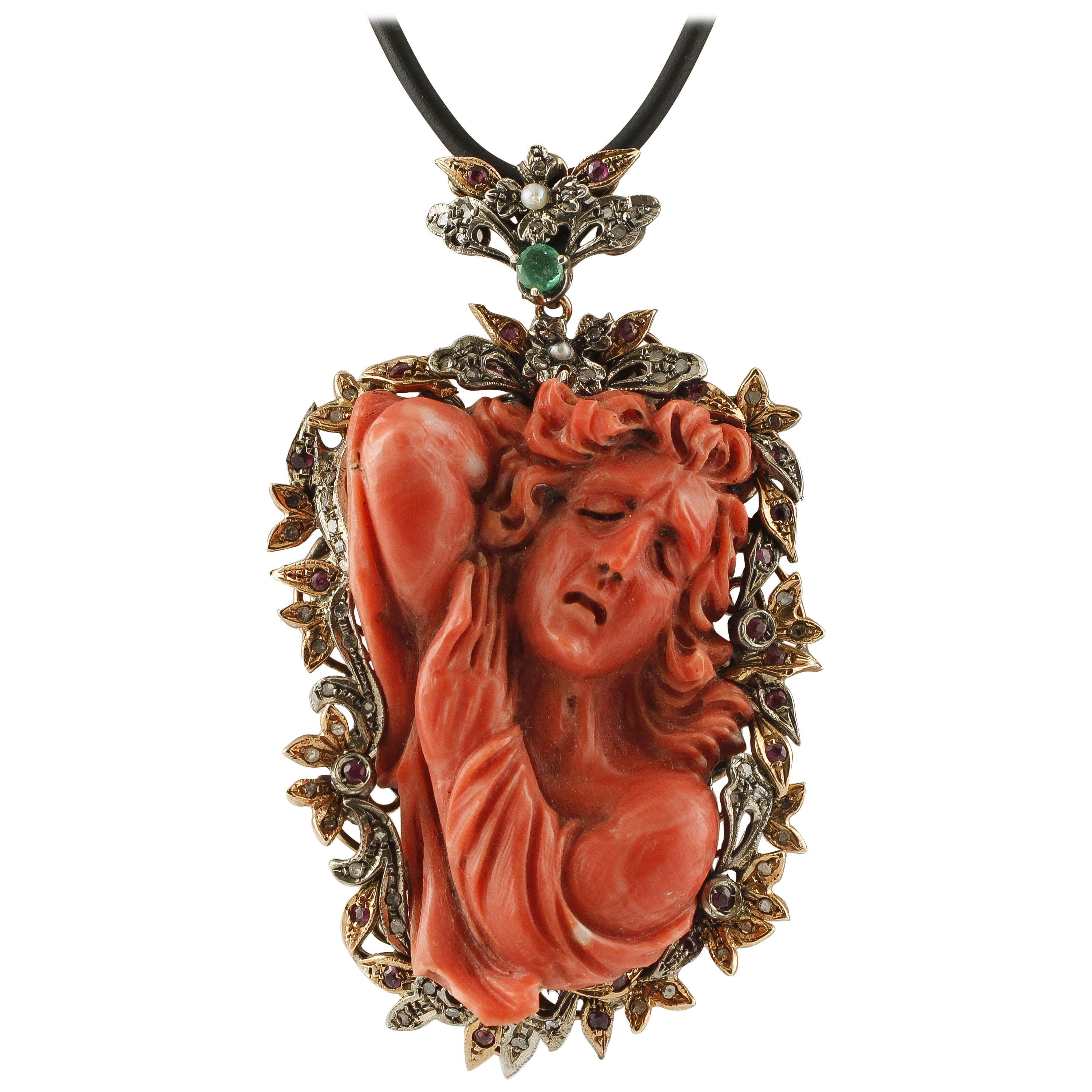 Engraved Face on Red Coral, Diamonds, Emeralds, Rubies, Rose Gold/Silver Pendant For Sale